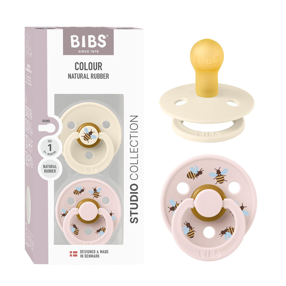 BIBS Colour Pacifier, 6-18 Months, 2-Pack, Round, Block Baby Pink Coral