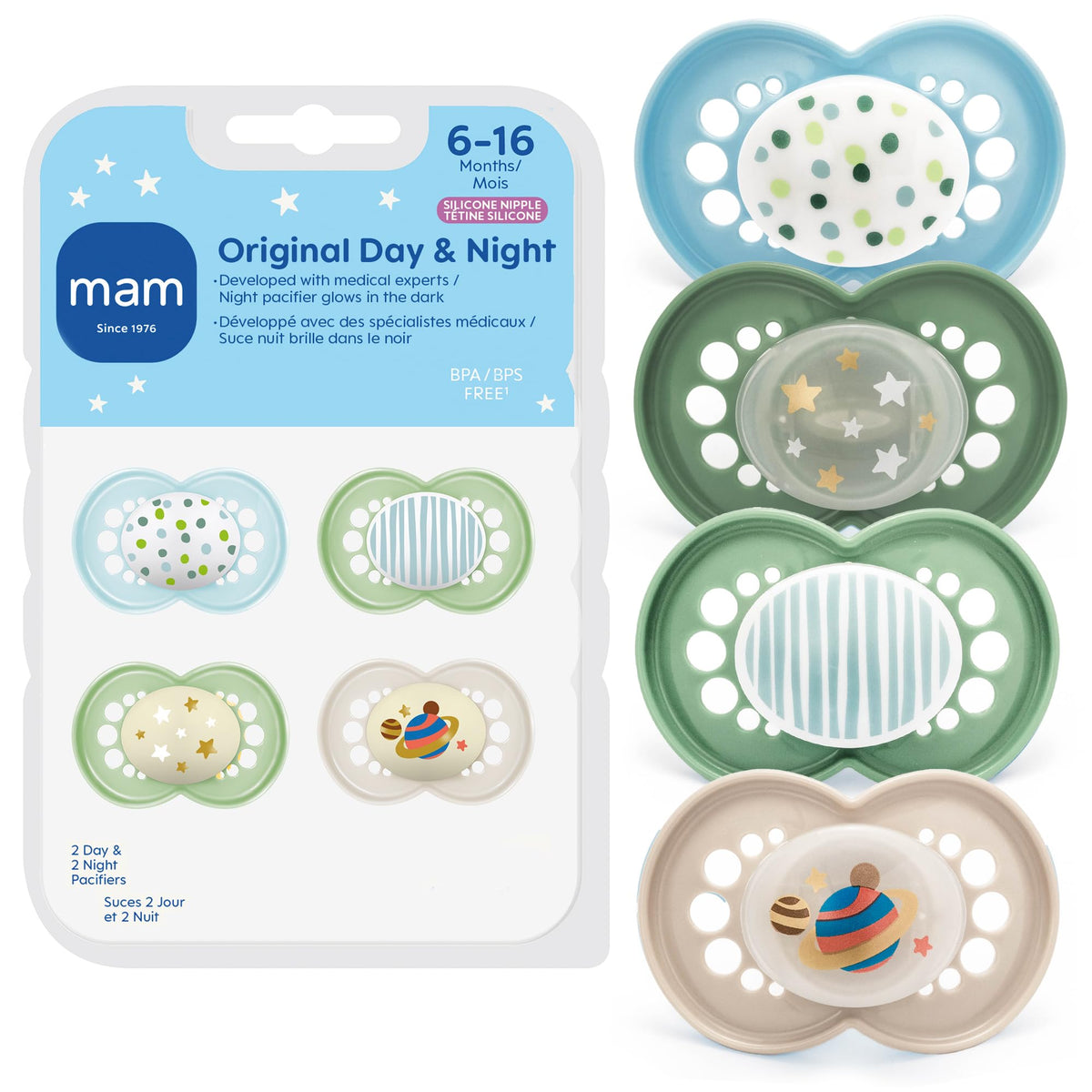 MAM Original Baby Pacifiers 6-16 Months, Glows in The Dark, 2 Pack