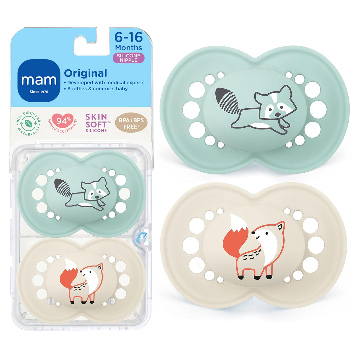 MAM Original Baby Pacifier 6-16 Mths, Skin Soft Silicone Nipple, 4 Pack