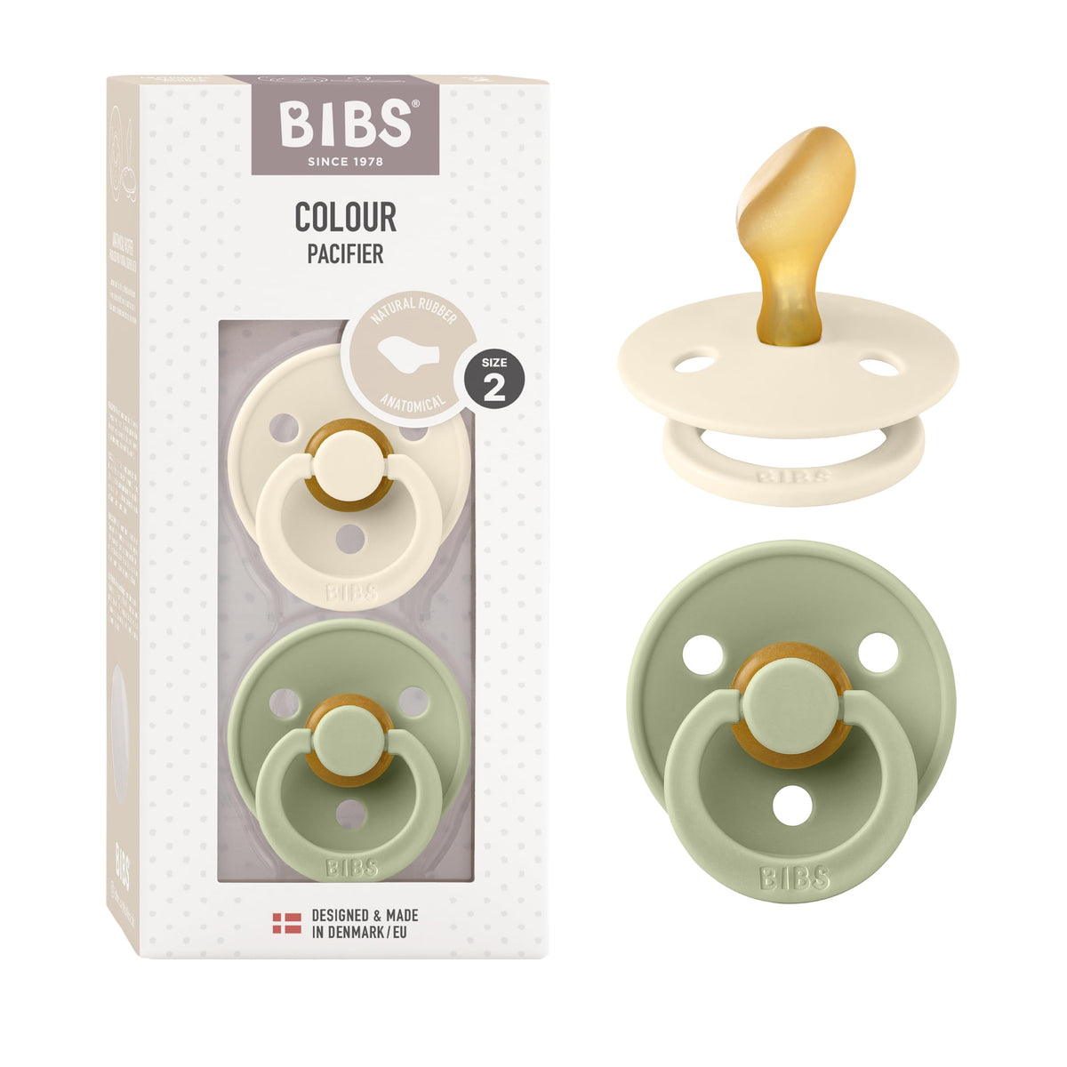 BIBS Pacifiers - Set of 2 | Colour Pacifier with Anatomical Nipple | BPA-Free Natural Rubber | Made in Denmark | Ivory/Blush, 0-6 Months