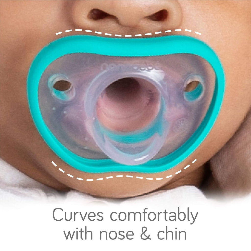 Nanobebe Baby Pacifiers 0-3 Month - Orthodontic, Curves Comfortably with Face Contour, Award Winning for Breastfeeding Babies, 100% Silicone, Baby Registry Gift 4pk,Pink/Grey