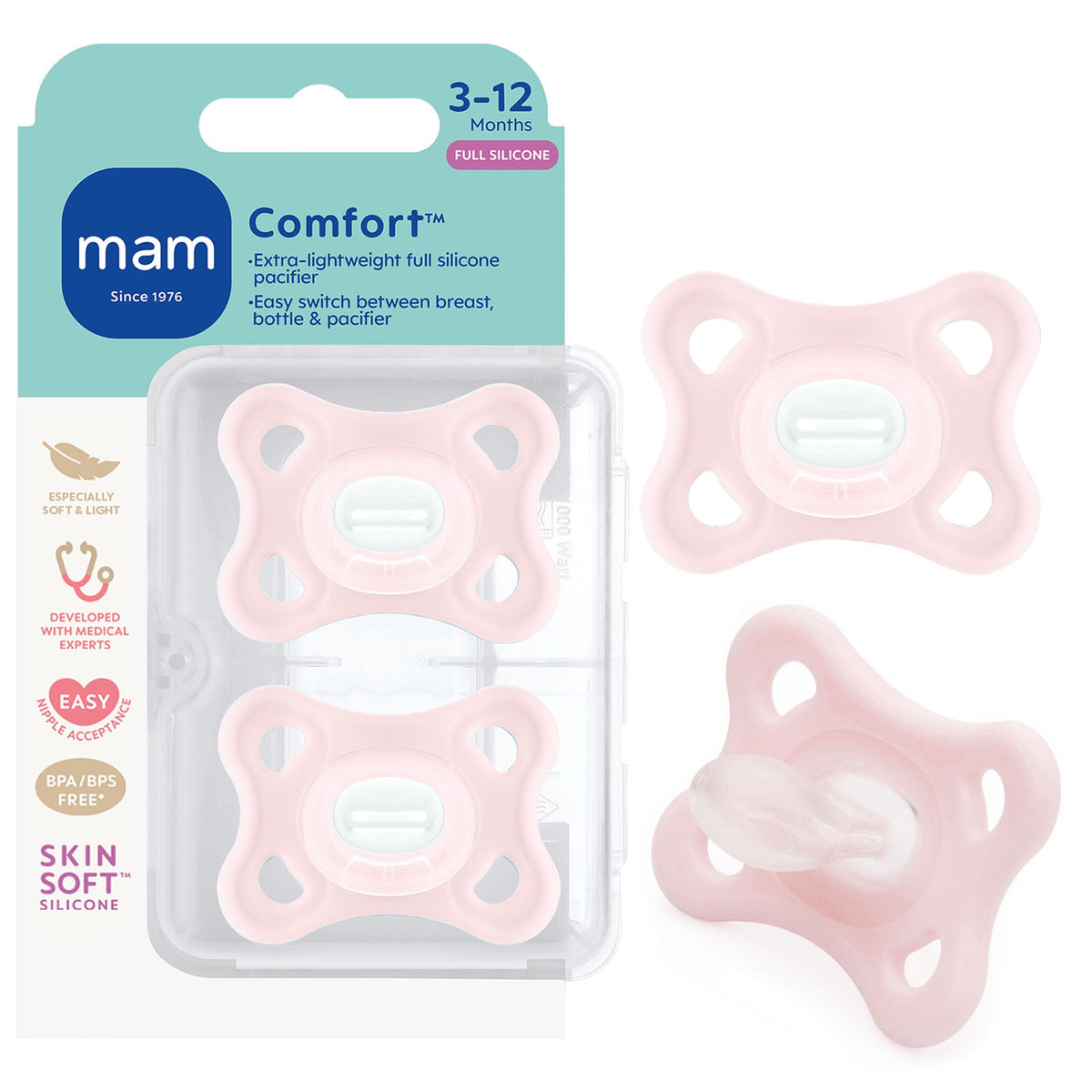 MAM Comfort Baby Pacifier 3-12 Mths Lightweight One-Piece Silicone 4 Pack