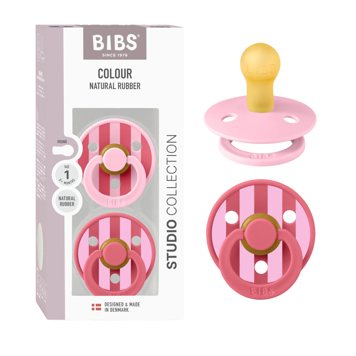 BIBS Colour Pacifier, 6-18 Months, 2-Pack, Round, Block Baby Pink Coral