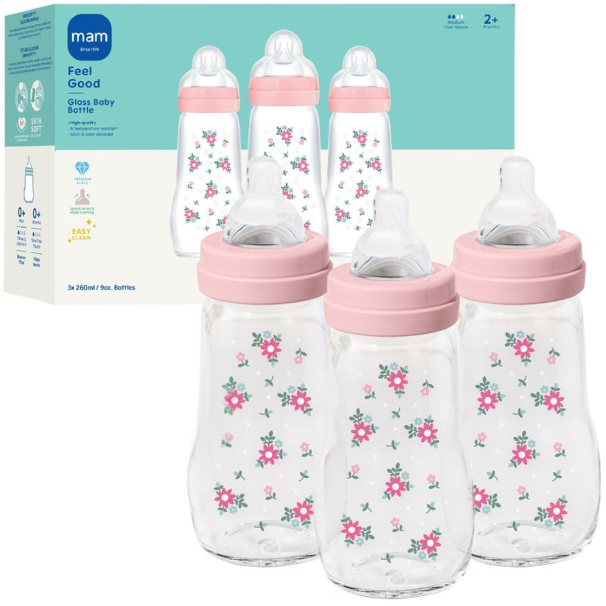 MAM 6oz Pure Glass Feel Good Anti-Colic 0+ Months Baby Bottle, 3 Pack, Boy
