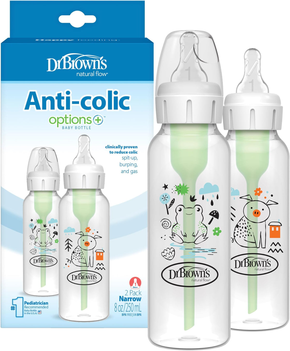 Dr. Brown's Anti-Colic Options+ Narrow Baby Bottle, Goat & Squirrel, 2-Pack