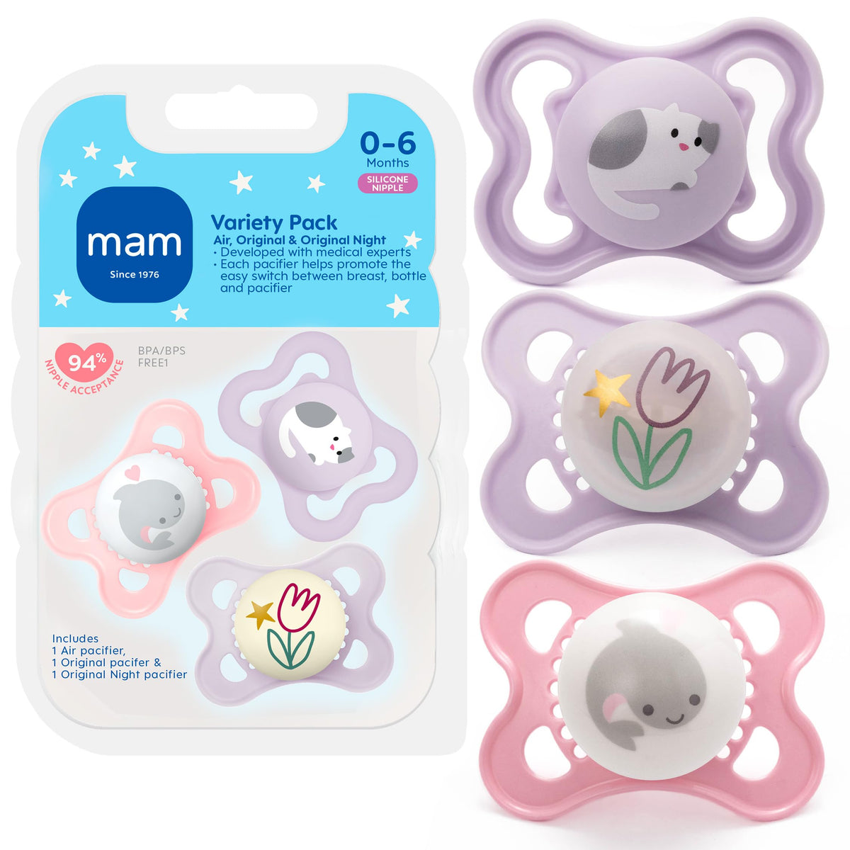 MAM Pacifier 0-6 Months Variety Pack, BPA-Free, Silicone Nipple, 3 Pack
