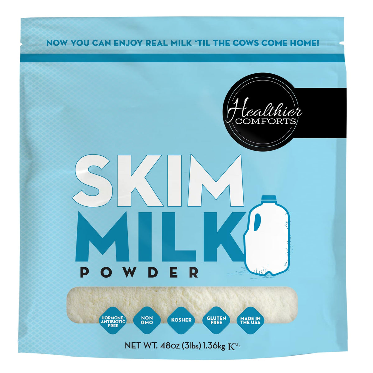 Healthier Comforts Skim Milk Powder | Fat Free, Shelf Stable | Kosher, Gluten Free, Non-GMO, Hormone and Antibiotic Free | Perfect for Shakes, Smoothies, Coffee Creamer, Baking | Made in USA (12oz)