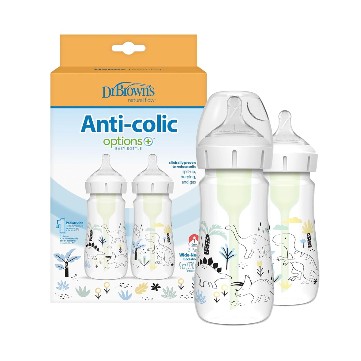 Dr. Brown's Anti-Colic Options+ Wide-Neck Baby Bottles, Dinos, 2-Pack