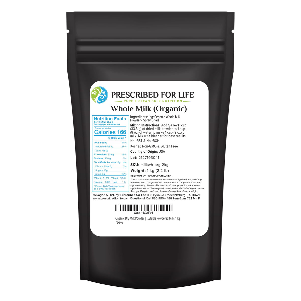 Prescribed For Life Organic Dry Milk Powder, USDA Grade A Whole Milk rBST & rBGH Free, Non GMO, Kosher, Shelf Stable Whole Milk Powder (12oz / 340g)