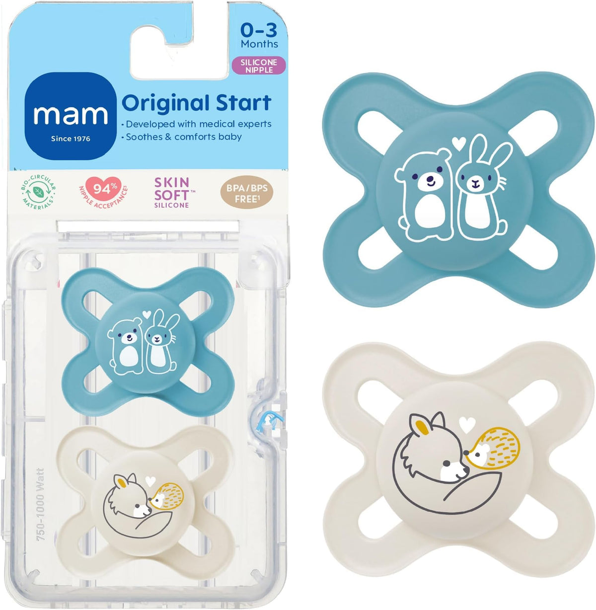 MAM Original Start Baby Pacifiers 0-3 Mths Skin Soft Silicone, 4 Pack