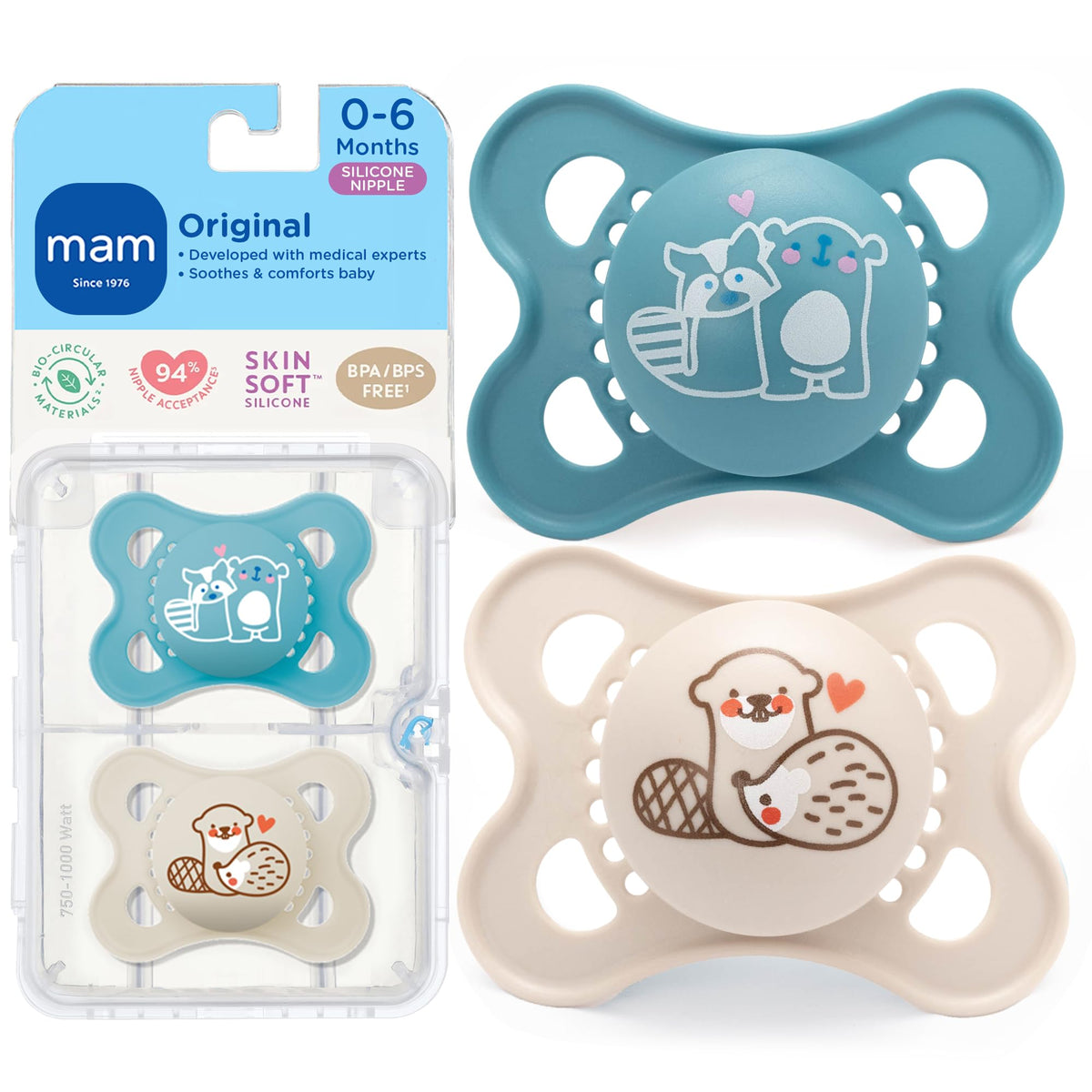 MAM Original Baby Pacifier 0-6 Mths, Skin Soft Silicone Nipple, 4 Pack