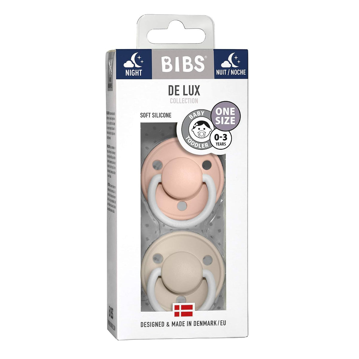 BIBS Pacifiers - De Lux Collection | BPA-Free Round Nipple | Silicone | Made in Denmark | Set of 2 Blush Night/Vanilla Night Color Premium Soothers | Size One Size