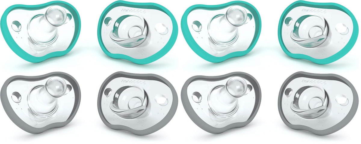 Nanobebe Baby Pacifiers 0-3 Month - Orthodontic, Curves Comfortably with Face Contour, Award Winning for Breastfeeding Babies, 100% Silicone, Baby Registry Gift 4pk,Pink/Grey