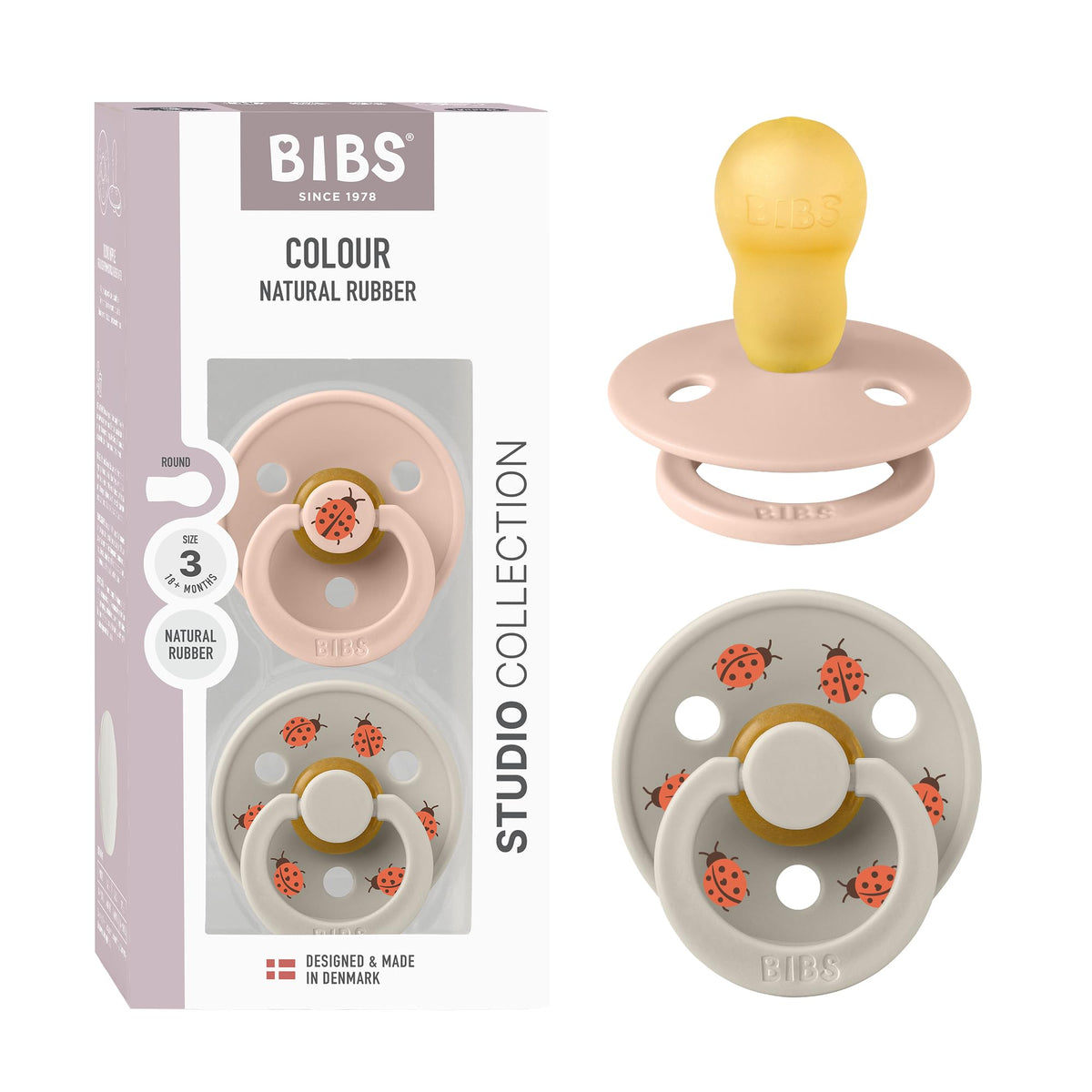 BIBS Colour Pacifier, 6-18 Months, 2-Pack, Round, Block Baby Pink Coral