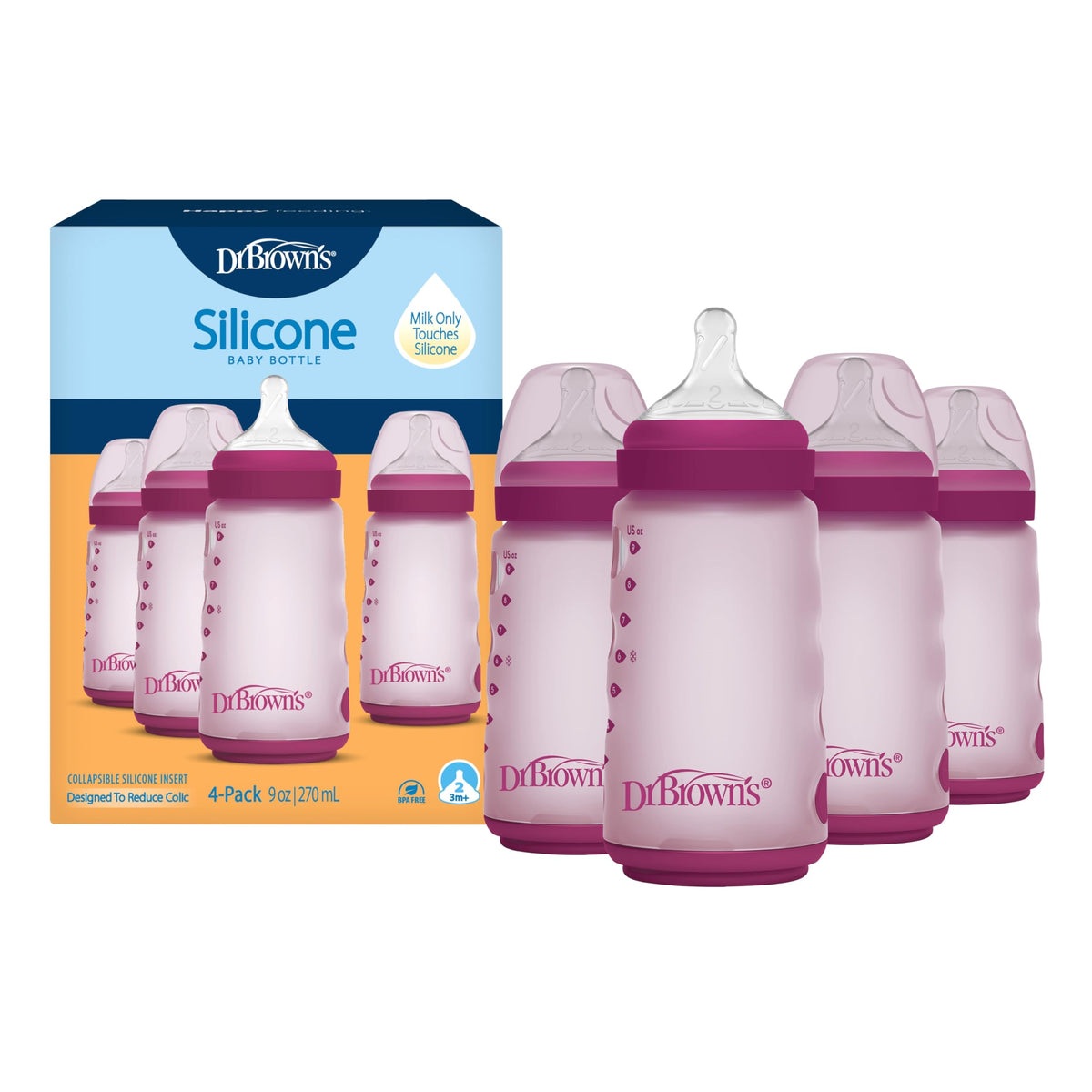 Dr. Brown's Silicone Baby Bottle, 9 oz, Level 2 Nipple, 3m+, White, 4-Pack