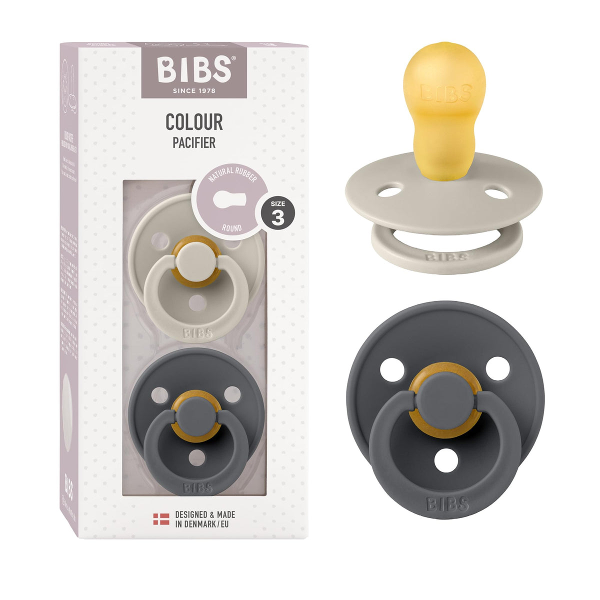 BIBS Pacifiers Colour Collection | Natural Rubber Baby Pacifier | Set of 2 BPA-Free Soothers | Made in Denmark | 0+ Months (Pack of 2) | Blush/Ivory