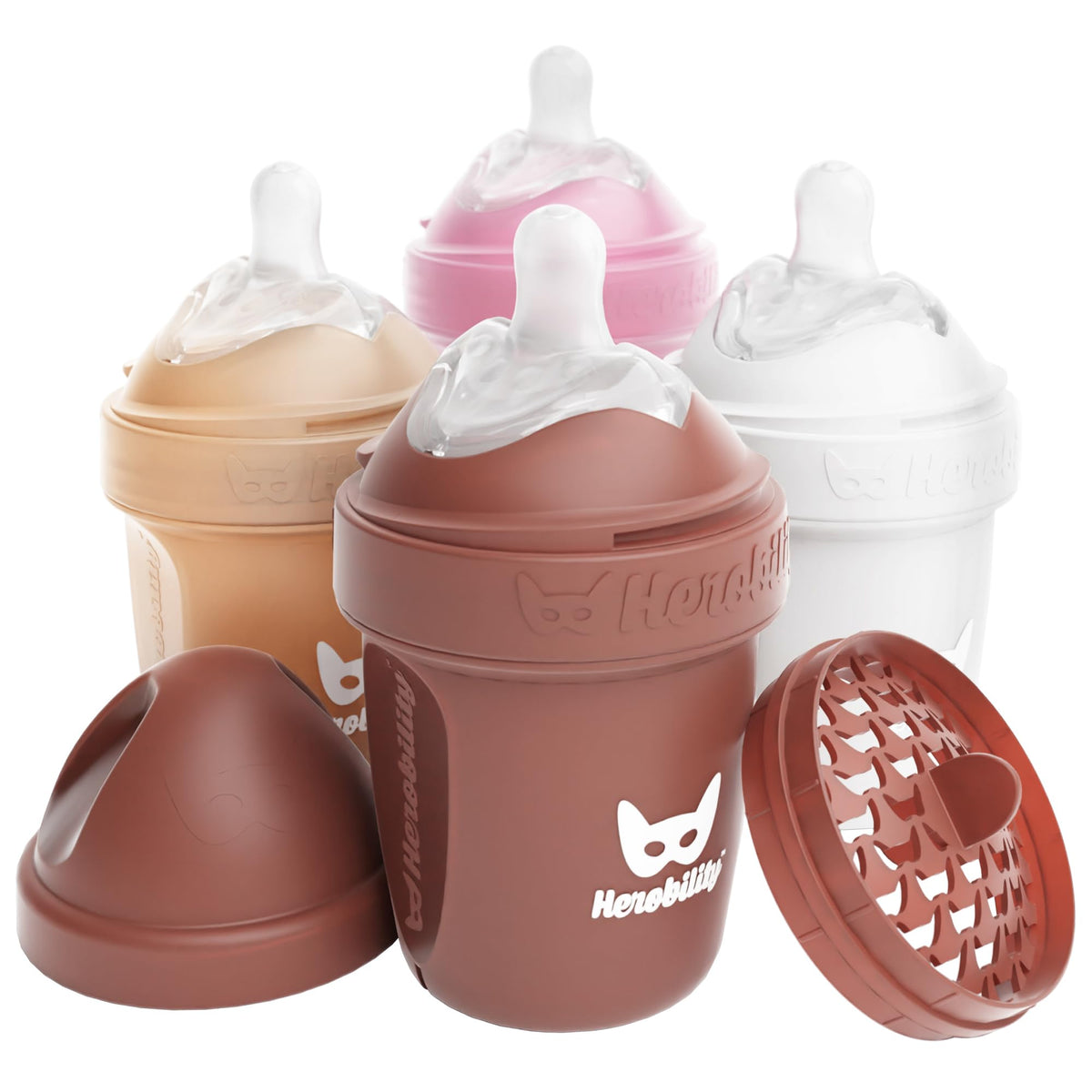 Herobility Anti-Colic Baby Bottles 8.5 fl oz/240ml - Pack of 4 Plastic Baby Bottles, Slow Flow Plastic Bottles, Breast-Shaped Teat for Breastfed Babies – Multicolor – White, Gray, Pink, Hawthorn Rose