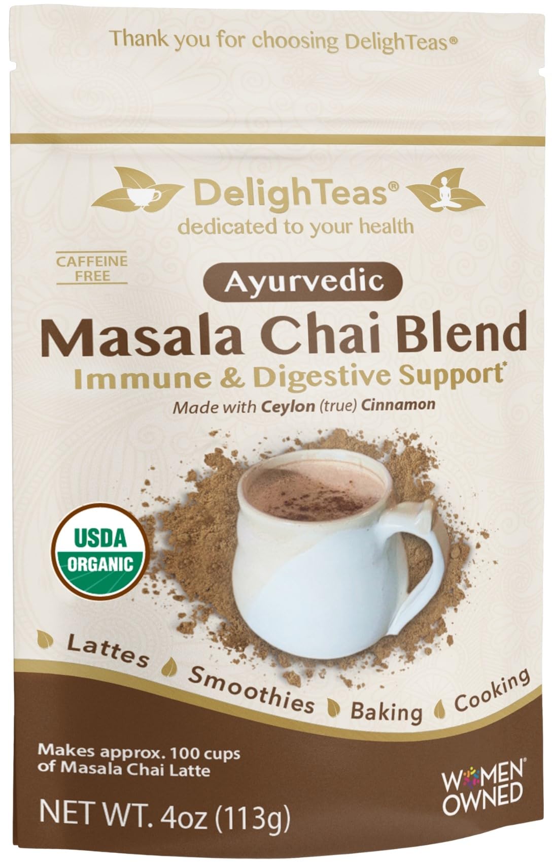DelighTeas Organic Golden Milk Powder with Turmeric, Ginger, Ceylon Cinnamon | Ayurvedic Spices for Golden Turmeric Latte | Unsweetened, Vegan, Non-GMO, Keto | 120 Servings, 5 oz.