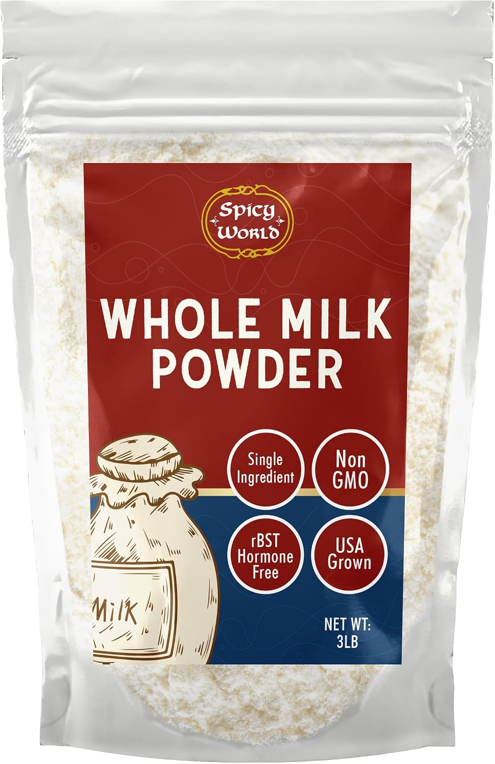 Spicy World Whole Milk Powder 3 LB Bulk Bag - RBST Hormone Free, Made in USA, Non-GMO, Premium Grade - Perfect for Baking, Drinking, and More!