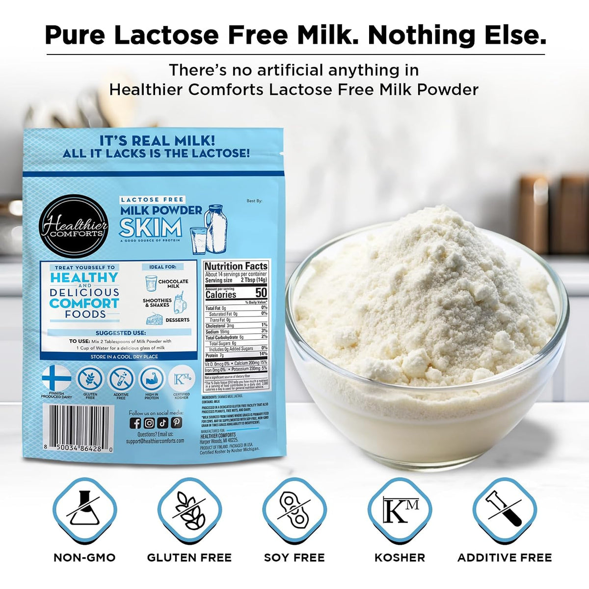 Healthier Comforts Lactose Free Skim Milk Powder | High Protein, Fat Free, Non-GMO, rBST Hormone Free, Kosher, Gluten Free, No Fillers | Baking, Coffee Creamer, Shakes| Makes 14 cups (7 oz) (7 oz)