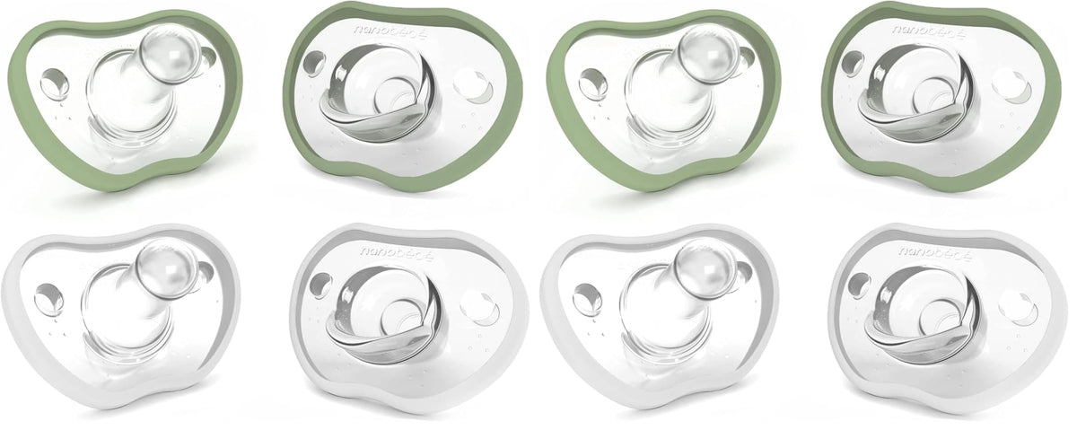 Nanobebe Baby Pacifiers 0-3 Month - Orthodontic, Curves Comfortably with Face Contour, Award Winning for Breastfeeding Babies, 100% Silicone, Baby Registry Gift 4pk,Pink/Grey