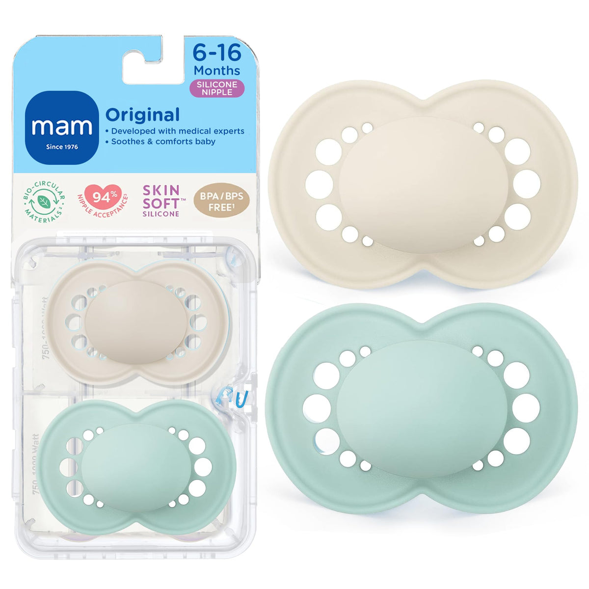 MAM Original Baby Pacifier 6-16 Mths, Skin Soft Silicone Nipple, 4 Pack