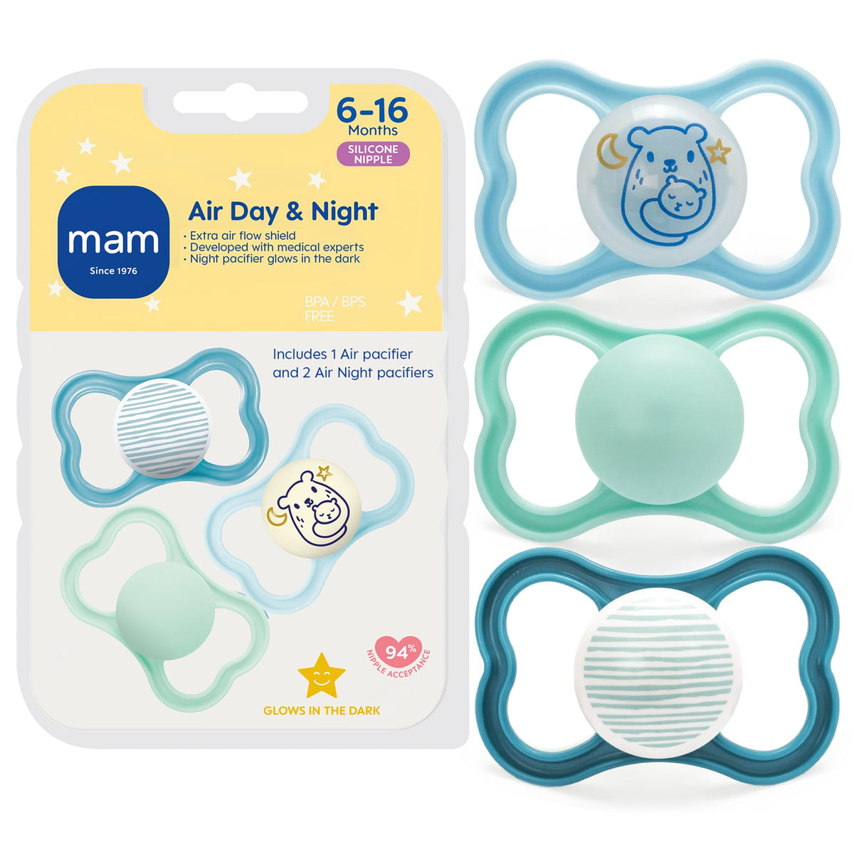 MAM Air Pacifier 6-16 Months, Extra Air Flow for Sensitive Skin, 4 Pack