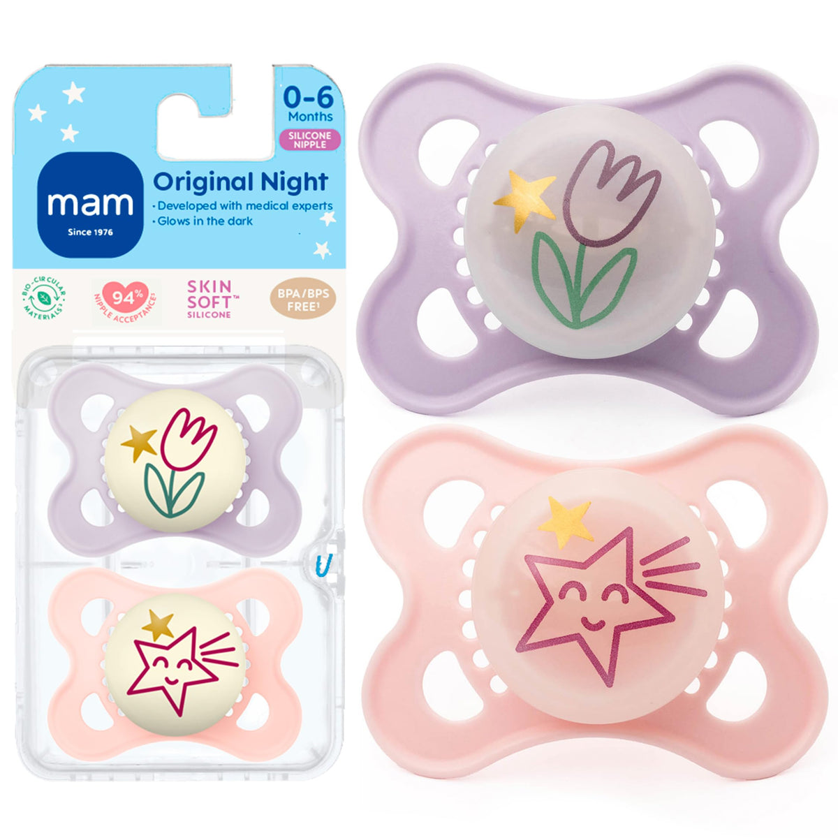 MAM Original Baby Pacifiers 0-6 Months, Glows in The Dark, 4 Pack