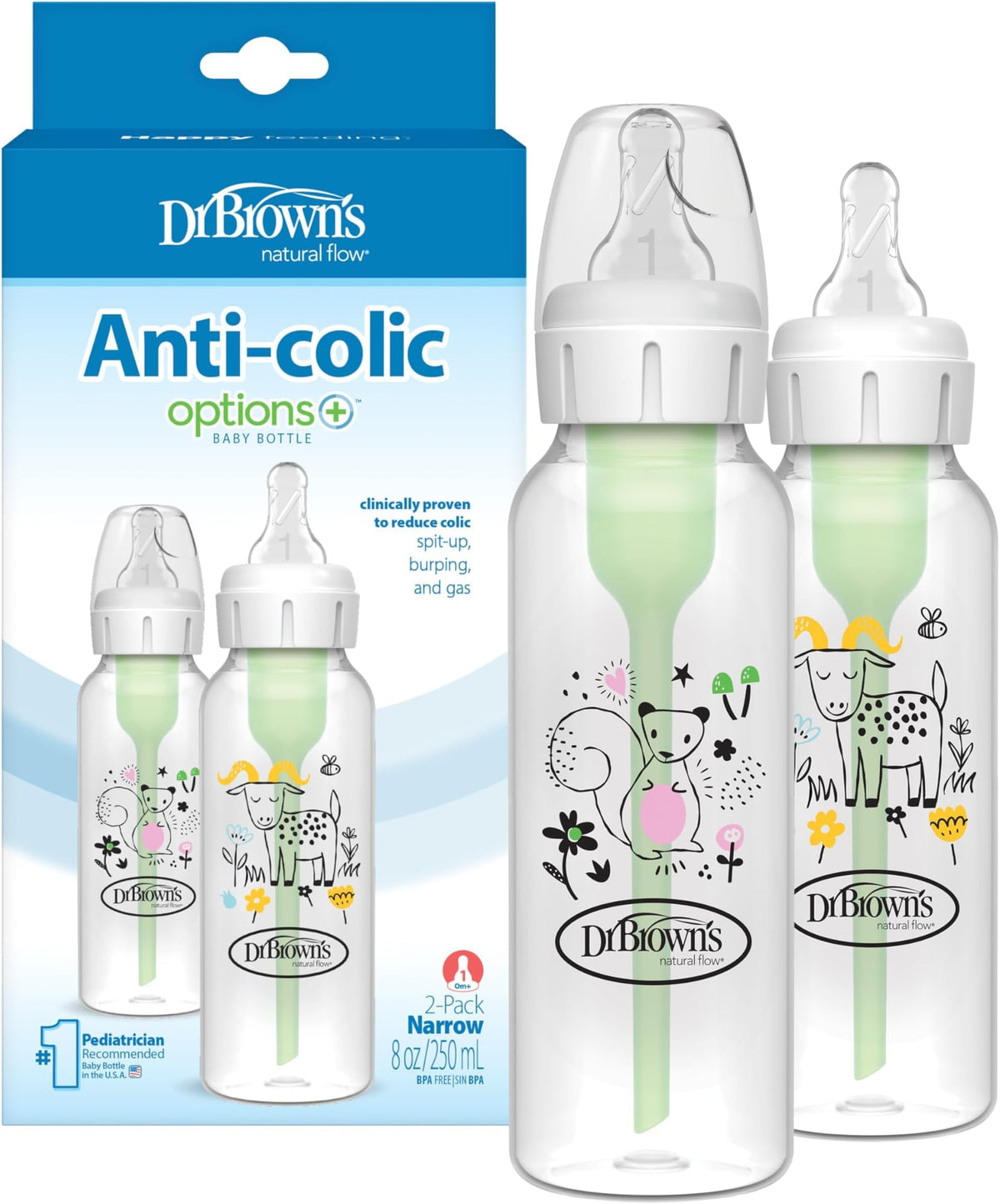 Dr. Brown's Anti-Colic Options+ Narrow Baby Bottle, Goat & Squirrel, 2-Pack