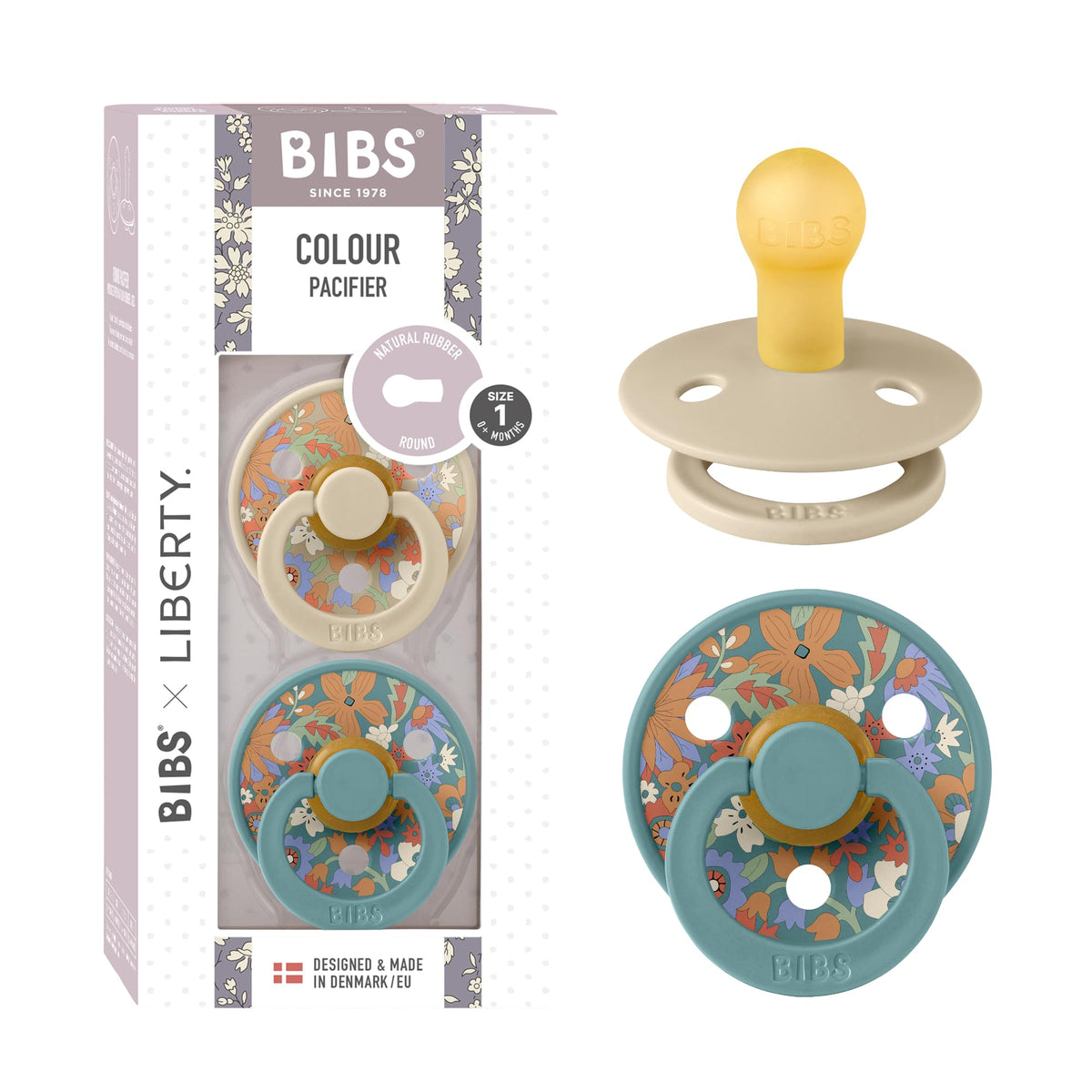 BIBS x Liberty Colour Pacifier, 0-6 Months, 2-Pack, Round, Capel Dusty Blue
