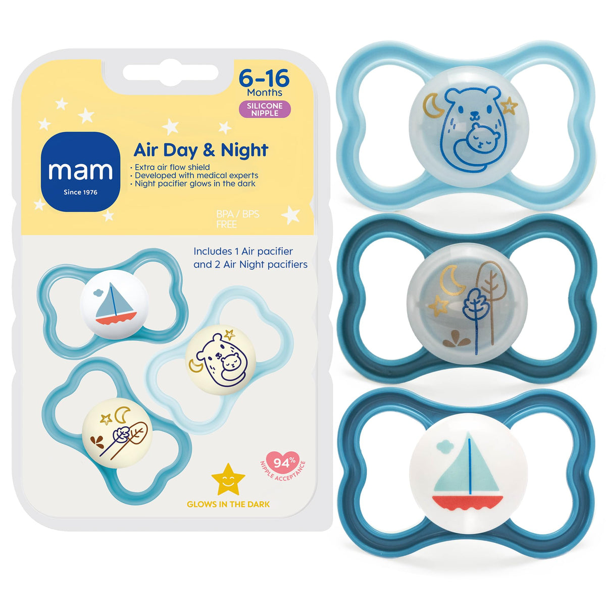 MAM Air Pacifier 6-16 Months, Extra Air Flow for Sensitive Skin, 4 Pack