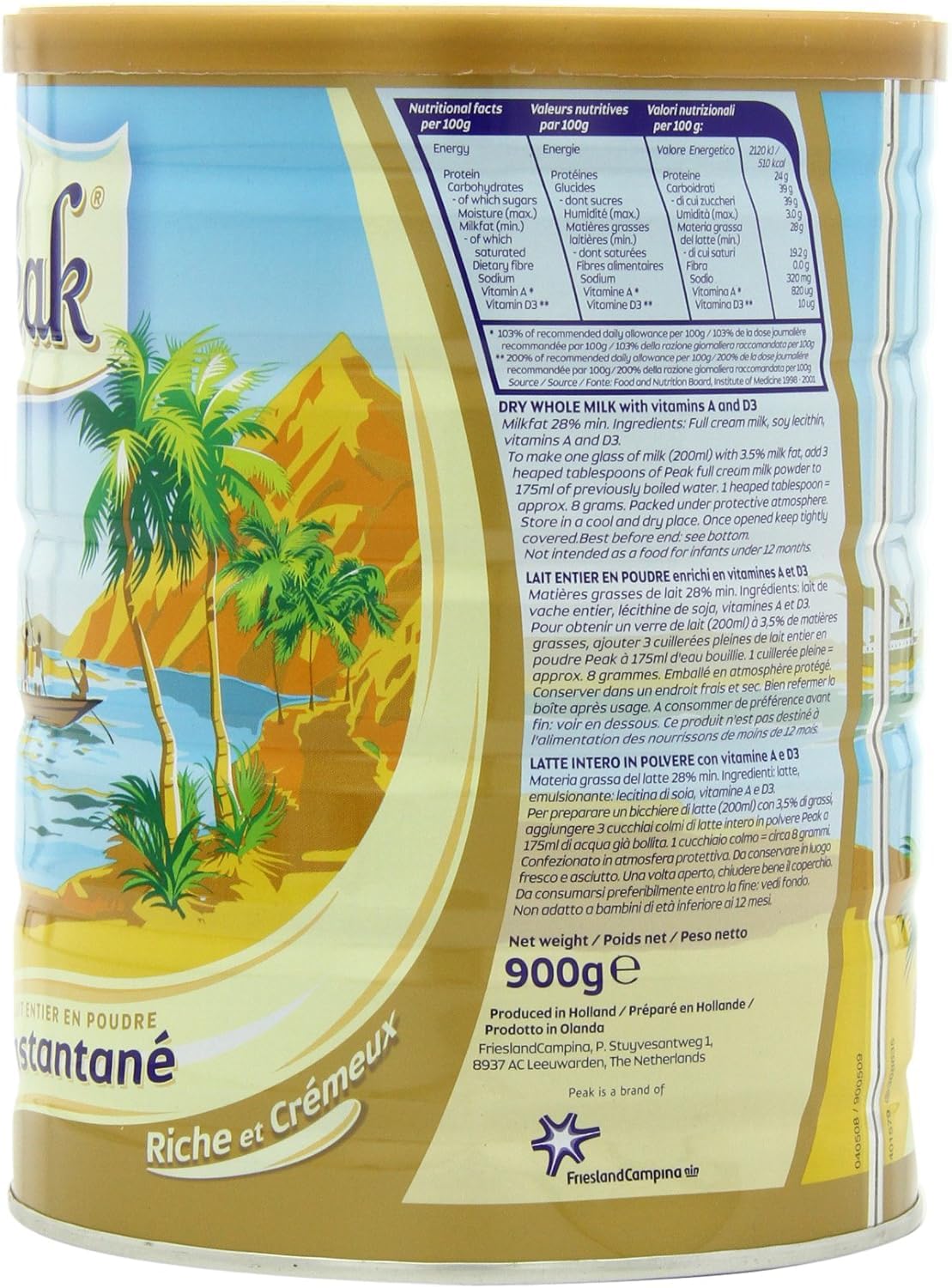 Peak Whole Milk Powder, 2 Pound (900g) Can - European Milk from Holland, rBST Free, Full Rich Flavor, Dissolves Instantly, Long Shelf Life, Premium Full Fat Quality