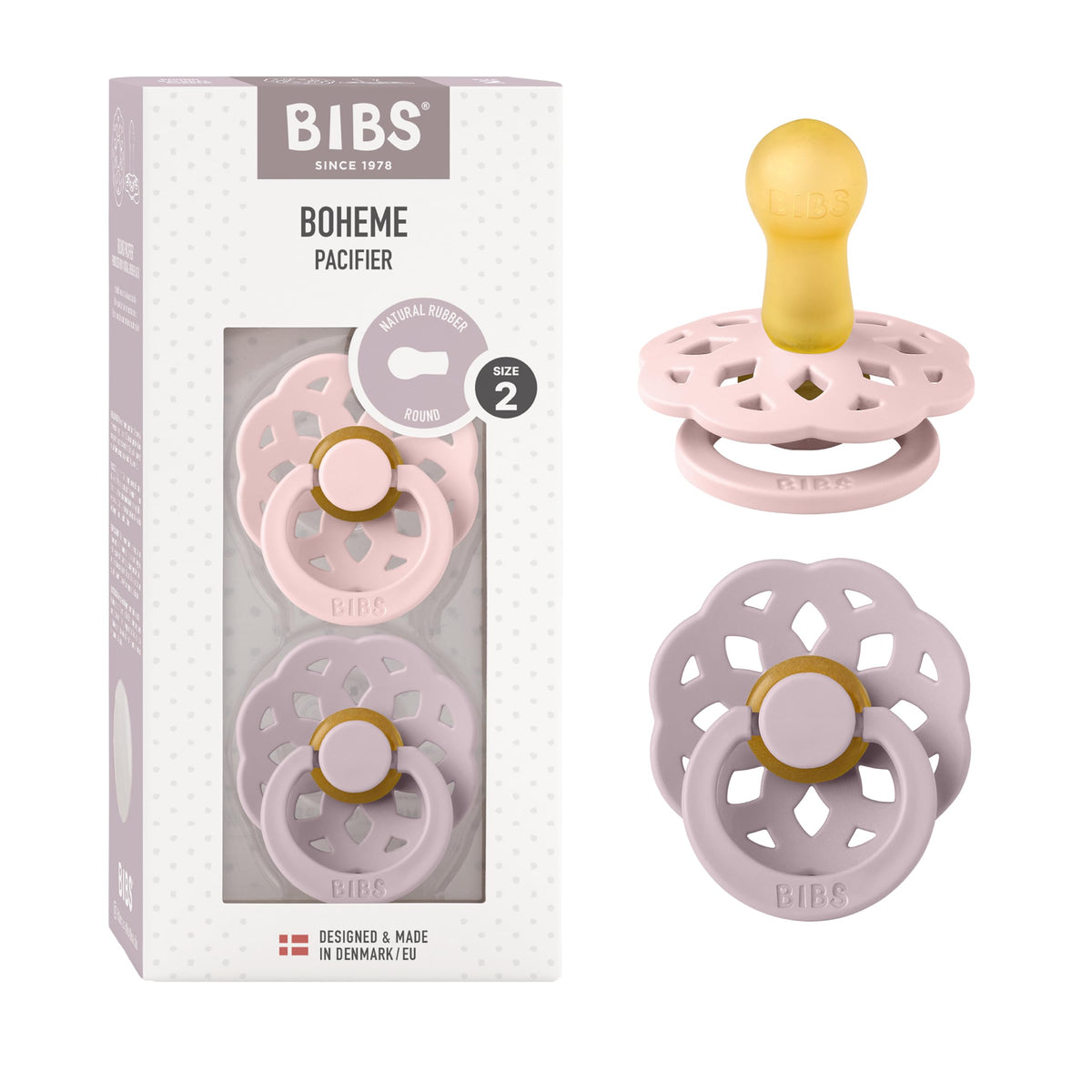 BIBS Pacifiers 6-18 Months | Boheme Collection 2-Pack | BPA-Free Round Nipple | Made in Denmark | Dusty Pink/Elderberry Color Pacifier