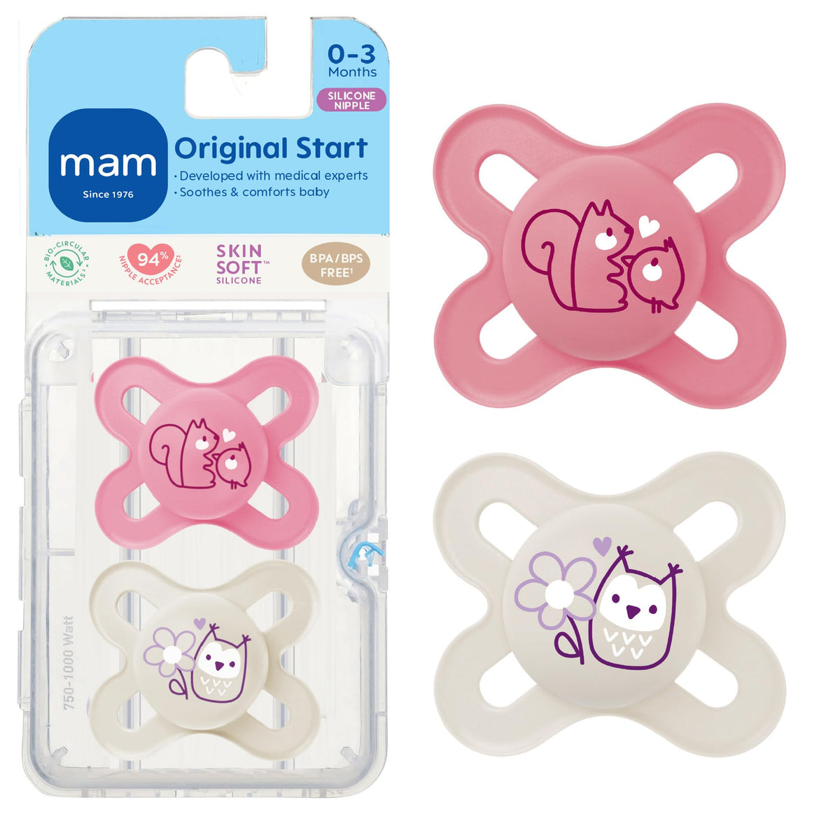 MAM Original Start Baby Pacifiers 0-3 Mths Skin Soft Silicone, 4 Pack