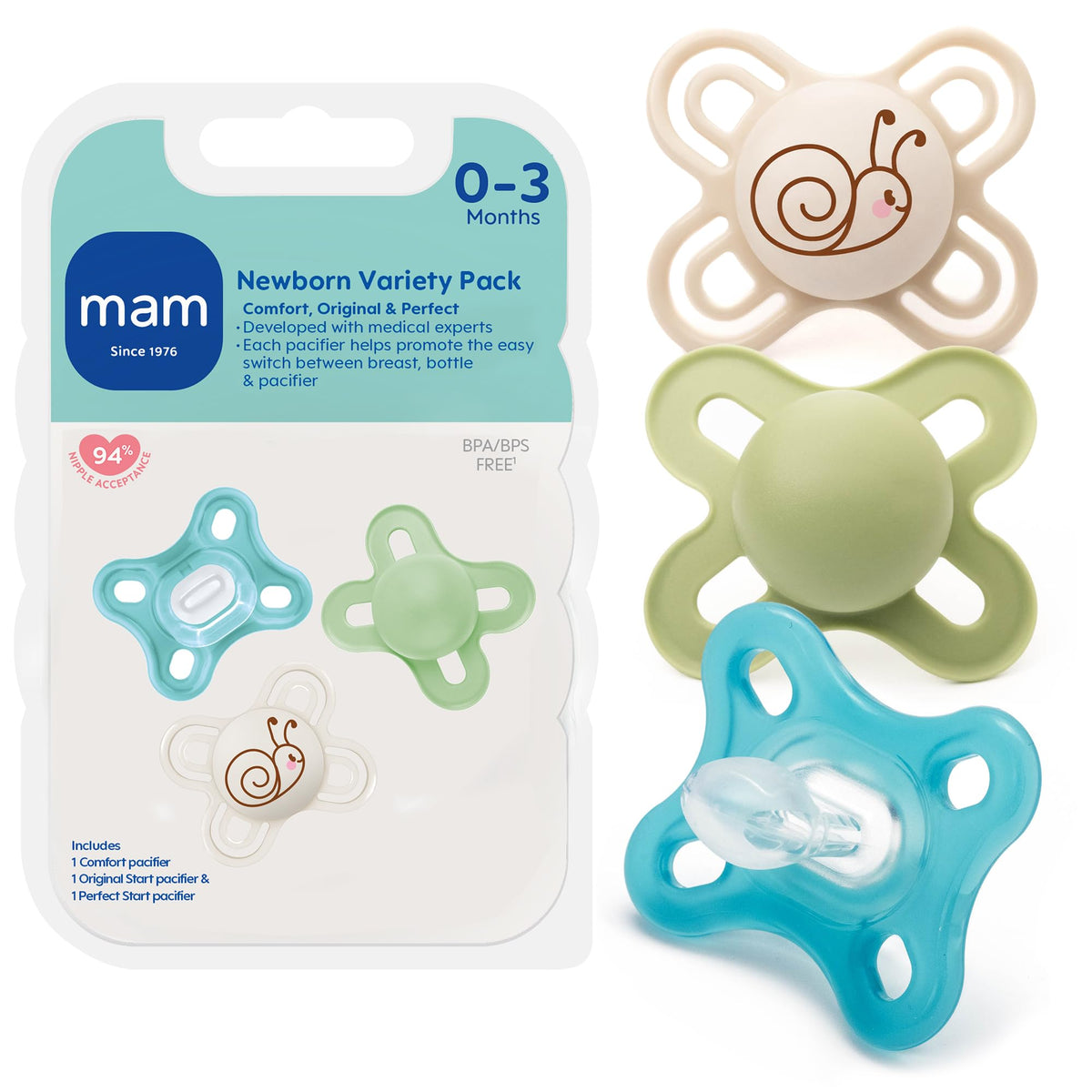 MAM Pacifier 0-6 Months Variety Pack, BPA-Free, Silicone Nipple, 3 Pack