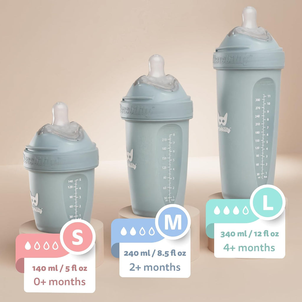 Herobility Anti-Colic Baby Bottles 8.5 fl oz/240ml - Pack of 4 Plastic Baby Bottles, Slow Flow Plastic Bottles, Breast-Shaped Teat for Breastfed Babies – Multicolor – White, Gray, Pink, Hawthorn Rose