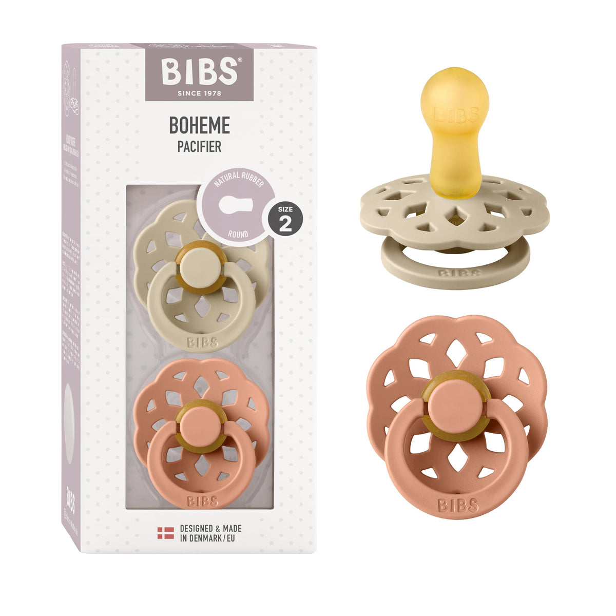 BIBS Pacifiers 6-18 Months | Boheme Collection 2-Pack | BPA-Free Round Nipple | Made in Denmark | Dusty Pink/Elderberry Color Pacifier