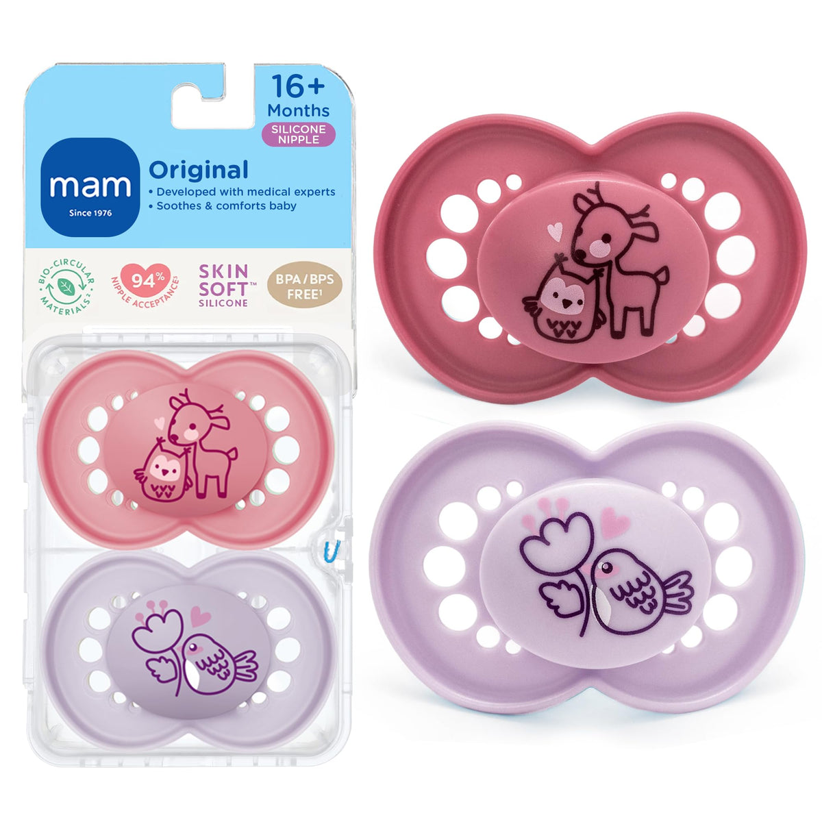 MAM Original Baby Pacifier 16+ Mths, Skin Soft Silicone Nipple, 4 Pack
