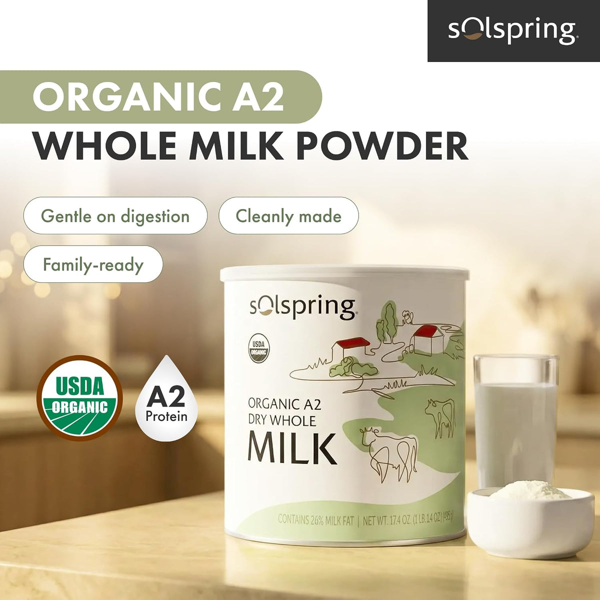 Solspring Organic A2 Dry Whole Milk, 17.4 oz (15 Servings)