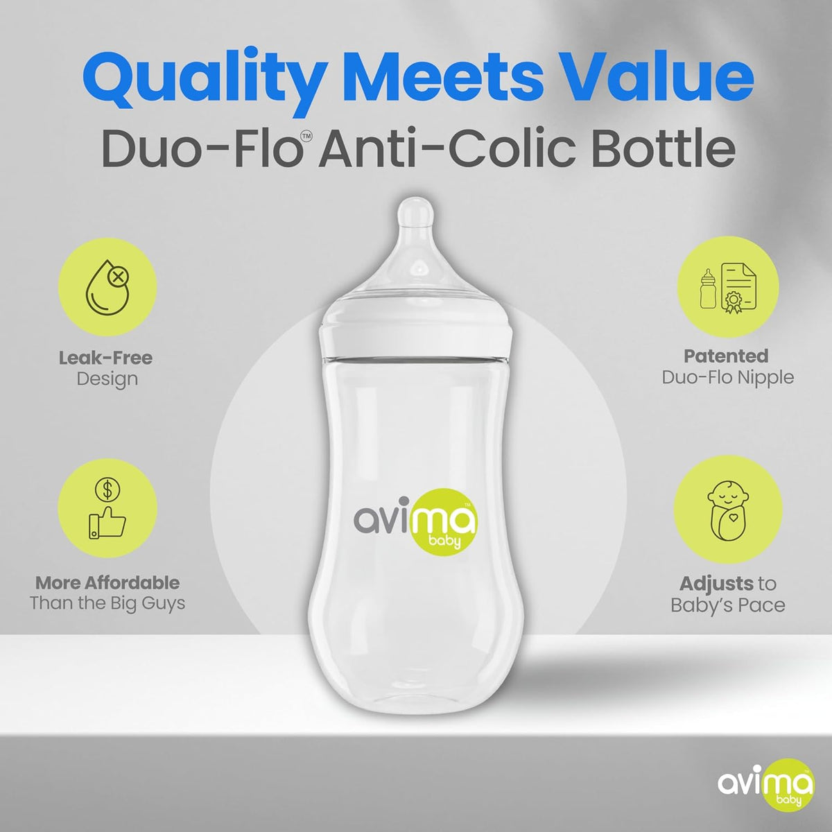 Avima 12 oz Anti Colic Baby Bottles w Fast Flow Nipples. 6-12M (Set of 3)