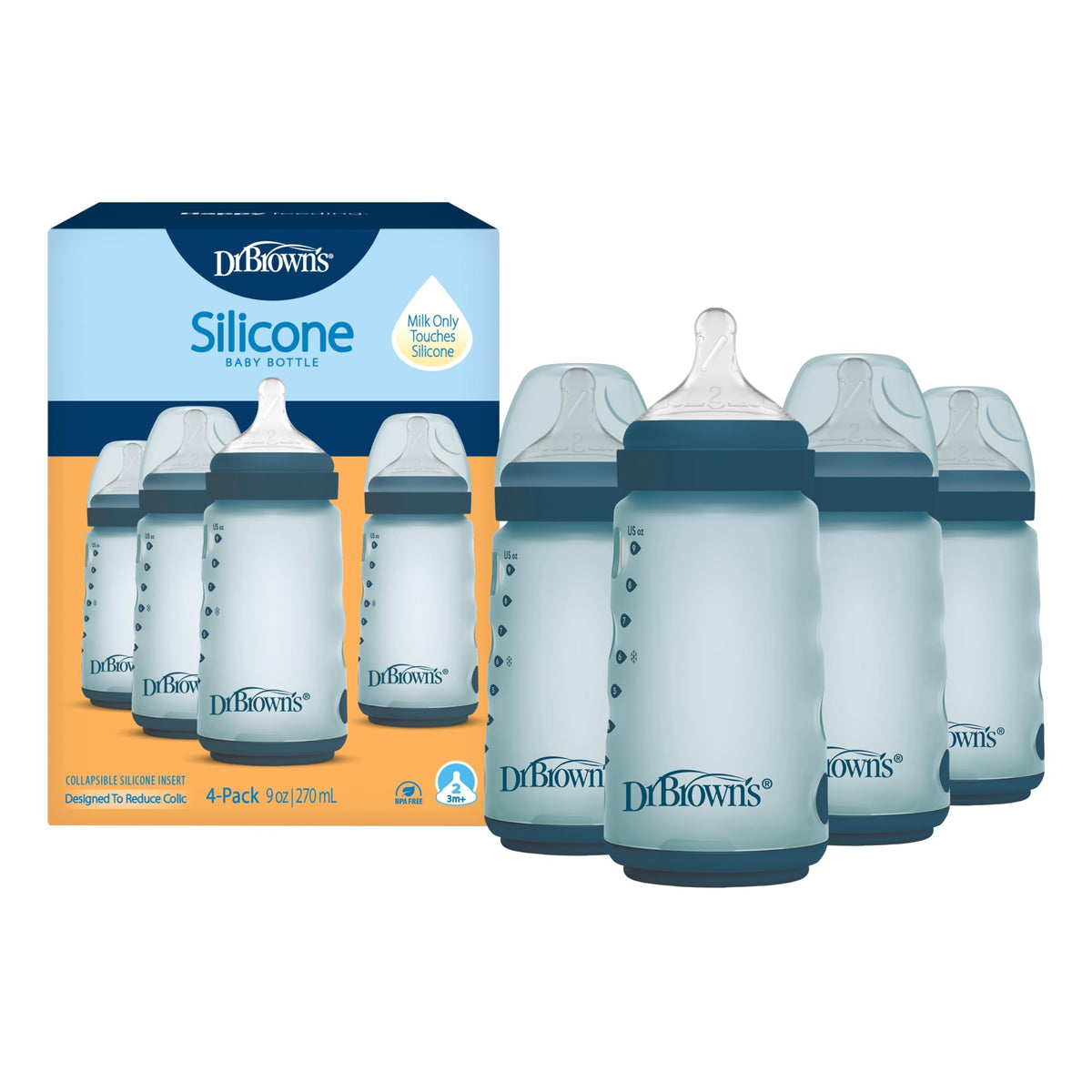 Dr. Brown's Silicone Baby Bottle, 9 oz, Level 2 Nipple, 3m+, White, 4-Pack