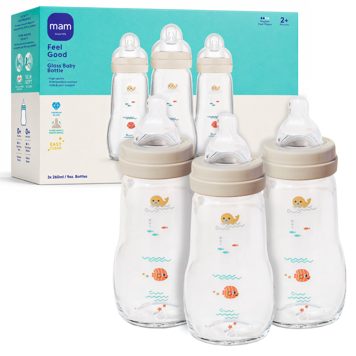 MAM 6oz Pure Glass Feel Good Anti-Colic 0+ Months Baby Bottle, 3 Pack, Boy