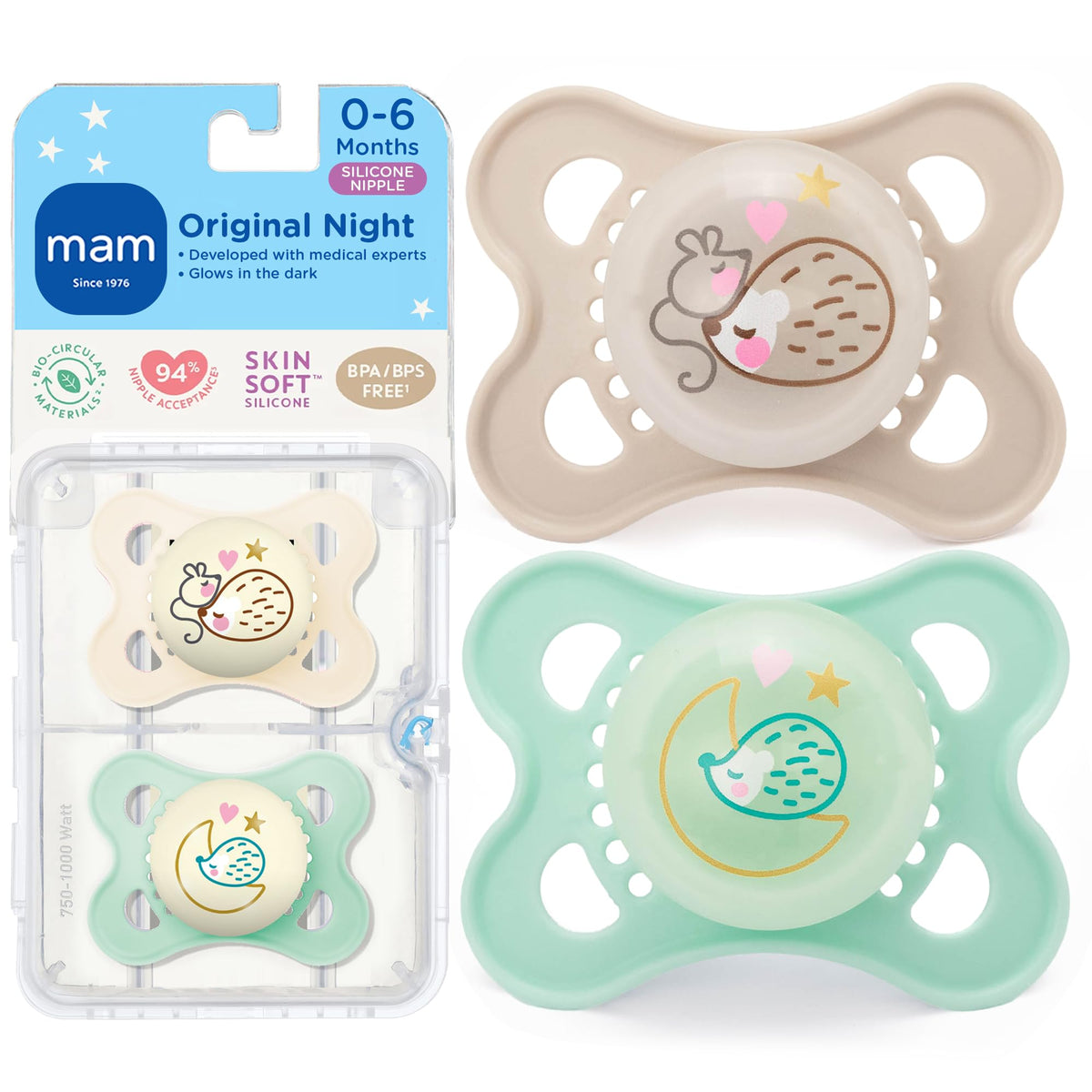 MAM Original Baby Pacifiers 0-6 Months, Glows in The Dark, 4 Pack