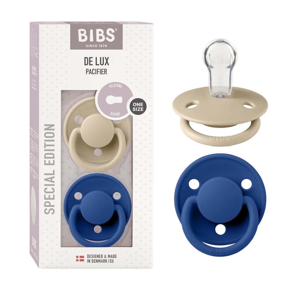 BIBS Pacifiers - De Lux Collection | BPA-Free Round Nipple | Silicone | Made in Denmark | Set of 2 Blush Night/Vanilla Night Color Premium Soothers | Size One Size