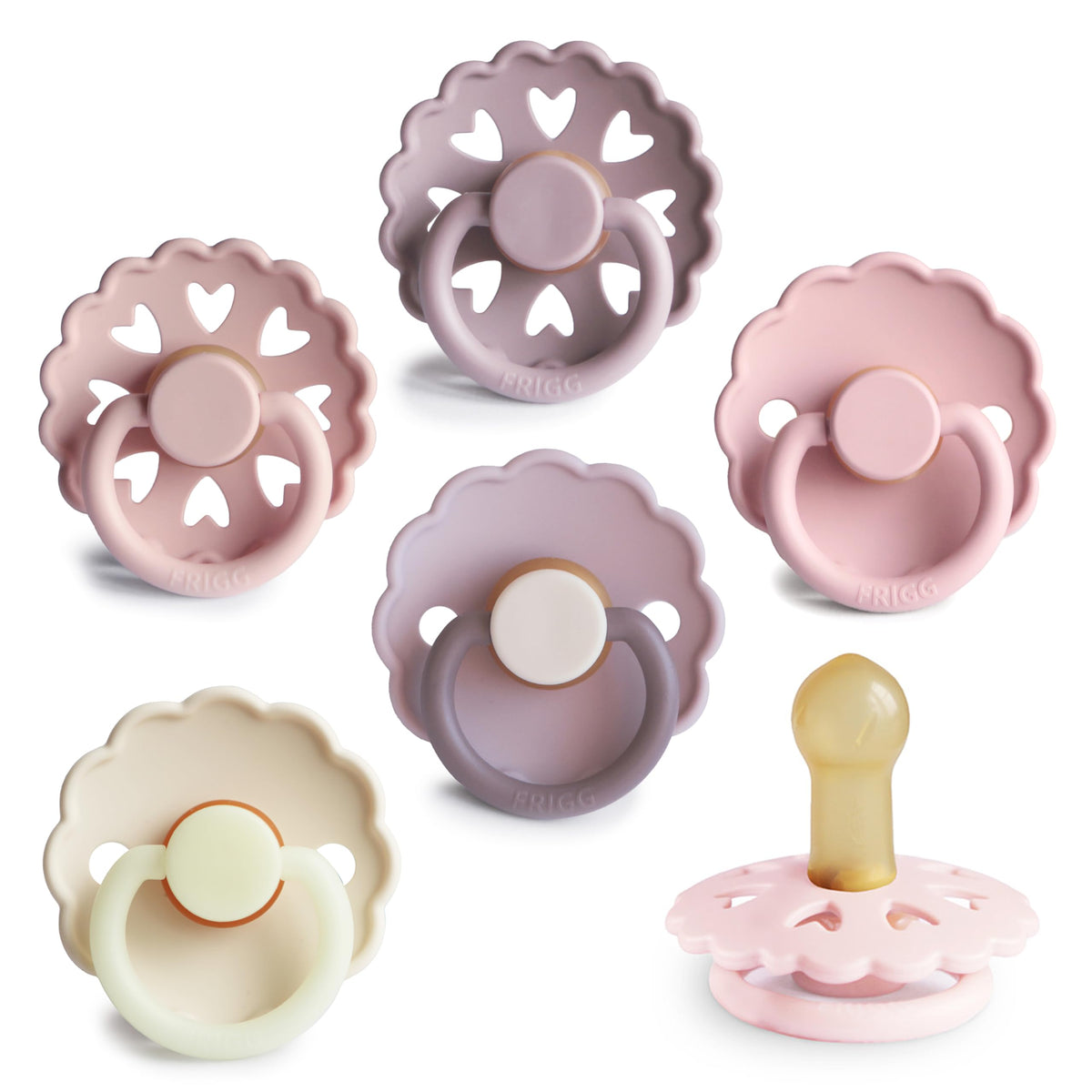 FRIGG Daisy Night Natural Rubber Baby Pacifier | Made in Denmark | BPA-Free (Blush/Cream, 6-18 Months) 2-Pack