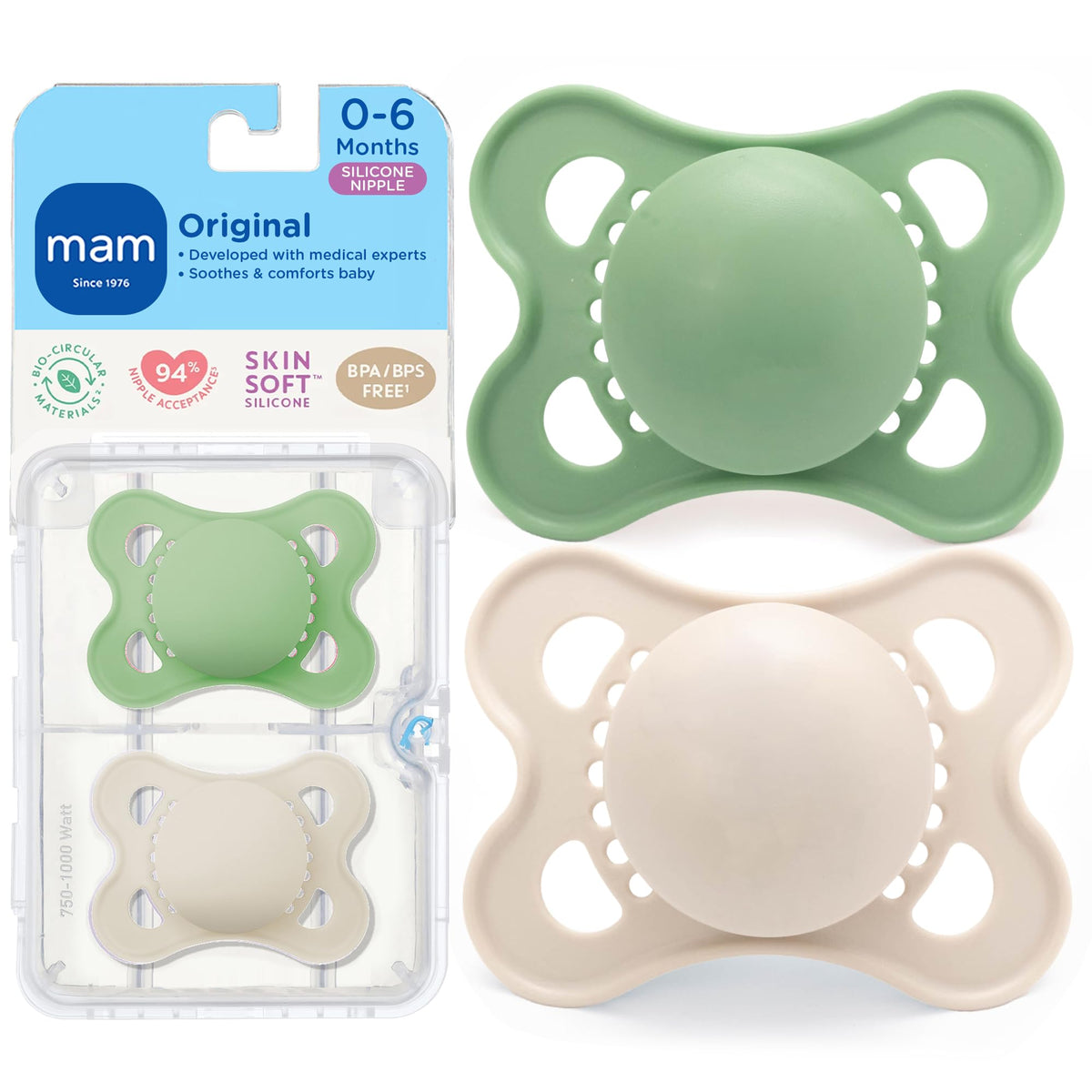 MAM Original Baby Pacifier 0-6 Mths, Skin Soft Silicone Nipple, 4 Pack