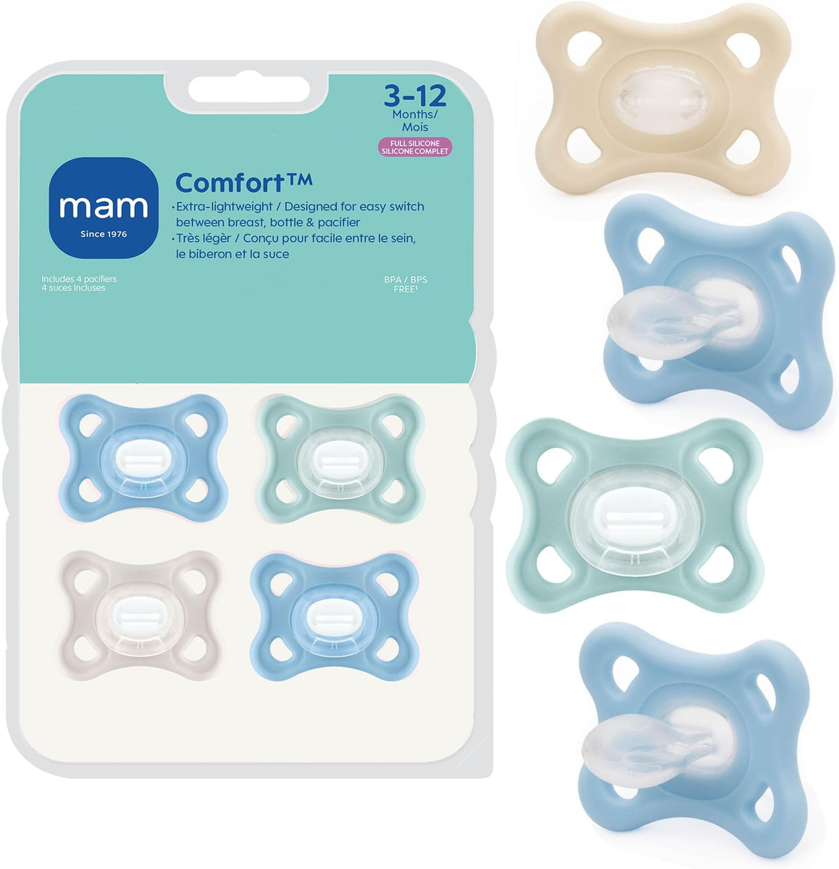 MAM Comfort Baby Pacifier 3-12 Mths Lightweight One-Piece Silicone 4 Pack