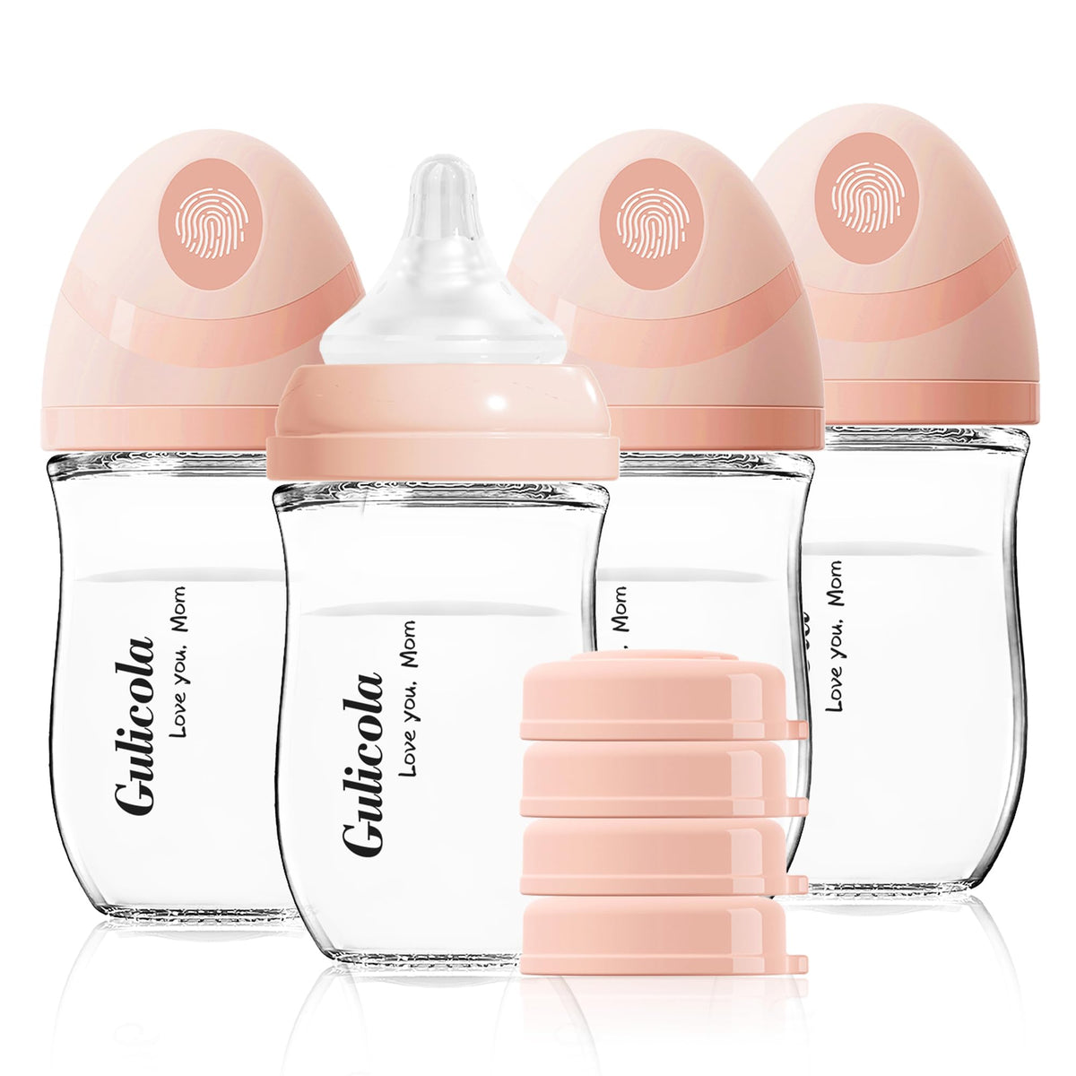 Gulicola Natural Glass Baby Bottle 4 Pack, Newborn Breastfeeding Bottles Set, Extra Slow Flow Nipples (SS), Anti Colic, 0 Months+, 5 oz - White