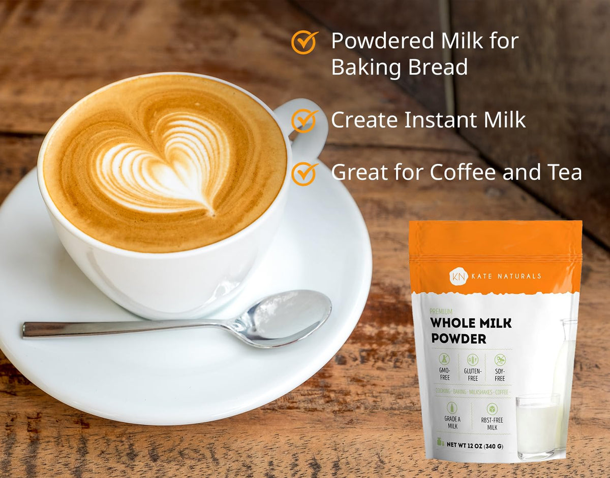 Kate Naturals Dry Whole Milk Powder for Baking, Coffee & Milkshakes (12oz)