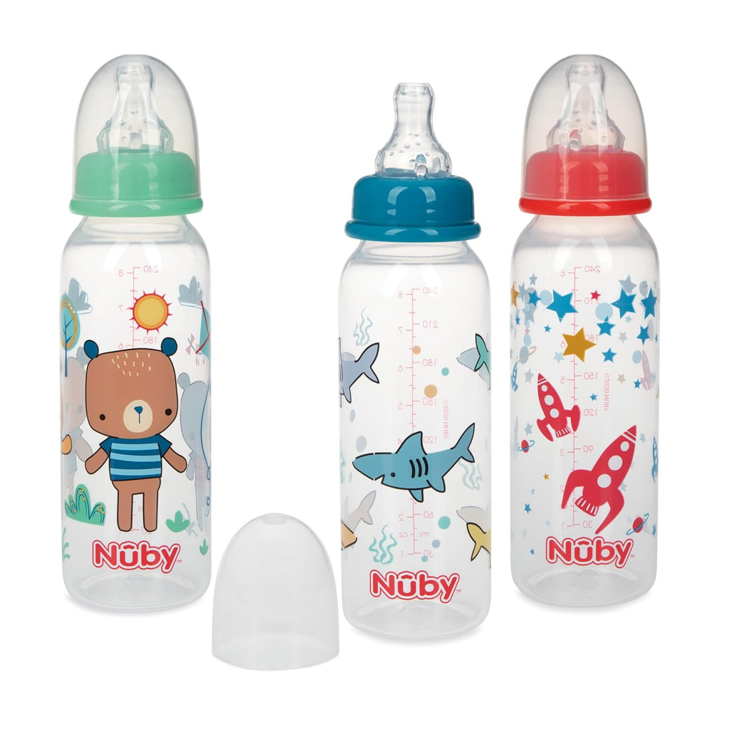 Nuby Printed Non-Drip 8 oz Bottle - 3 Pack